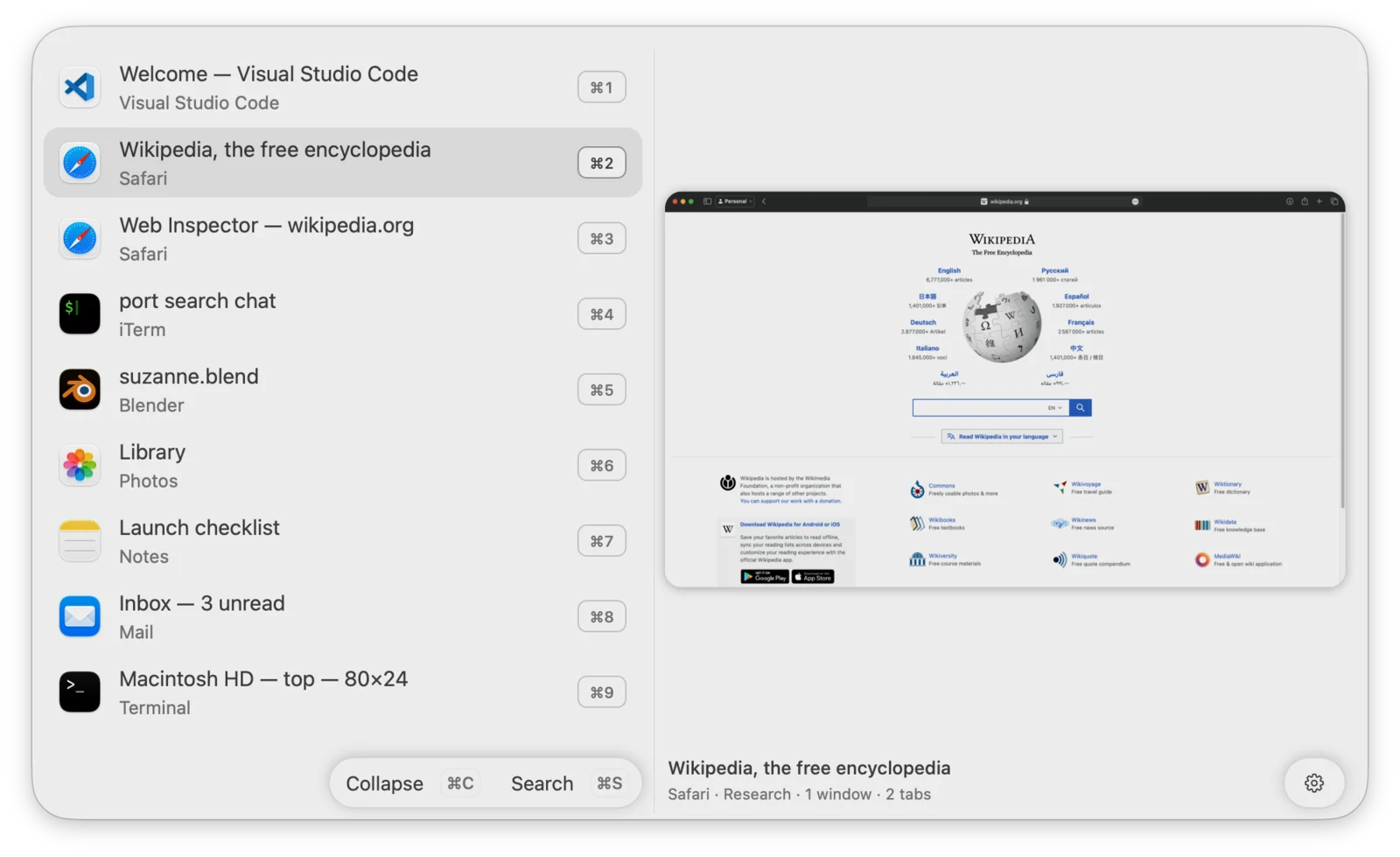 The Tabitha switcher listing windows from Visual Studio Code, Safari, iTerm, Blender, Photos, Notes, Mail, and Terminal, with a preview of the selected window
