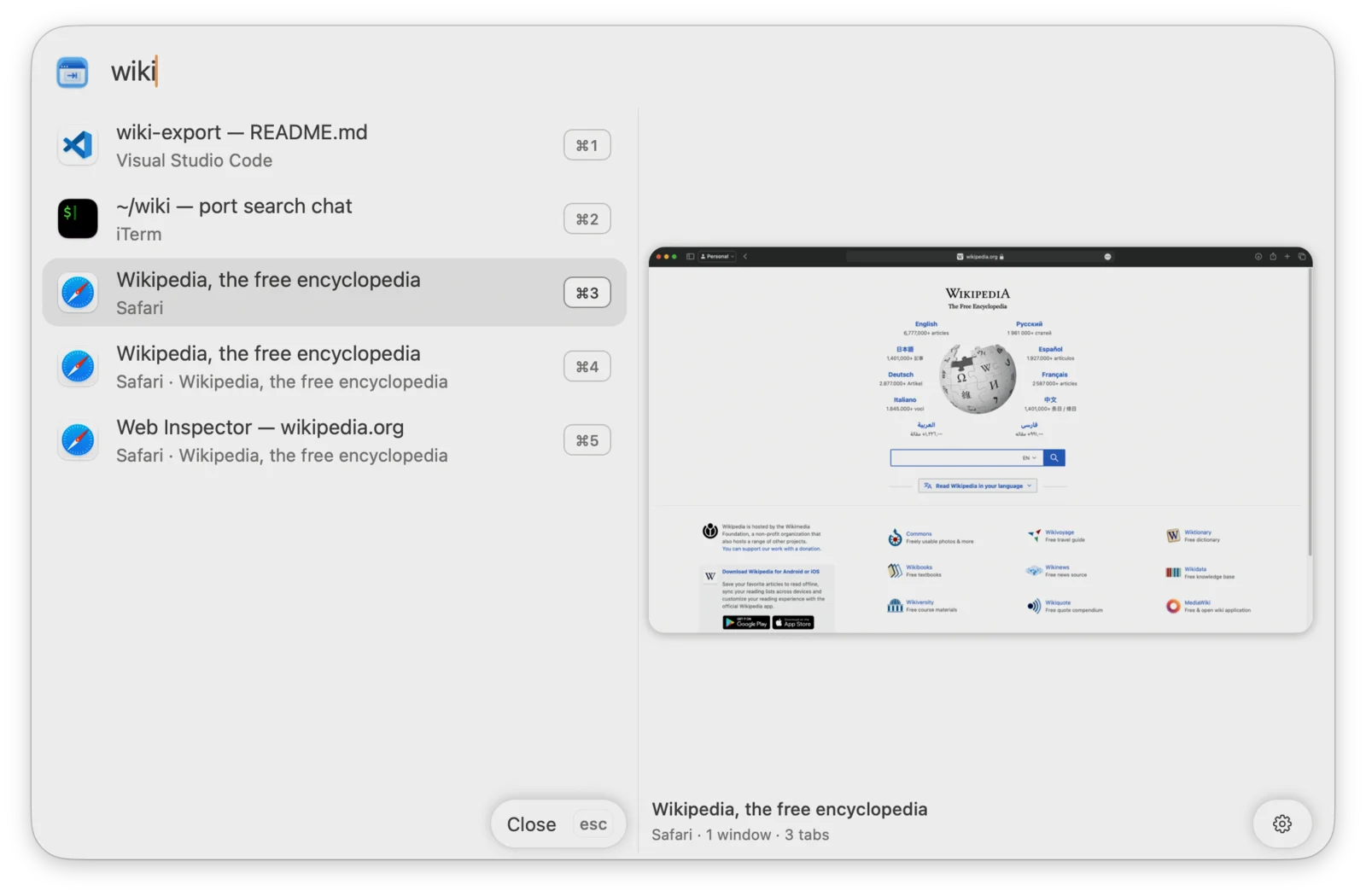 Tabitha search for wiki, matching a VS Code window, an iTerm window, and Safari tabs