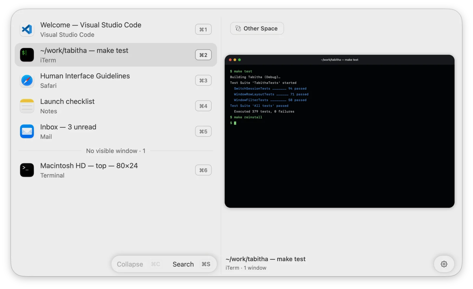 Tabitha preview of an iTerm window labeled Other Space, with a minimized Terminal window listed last